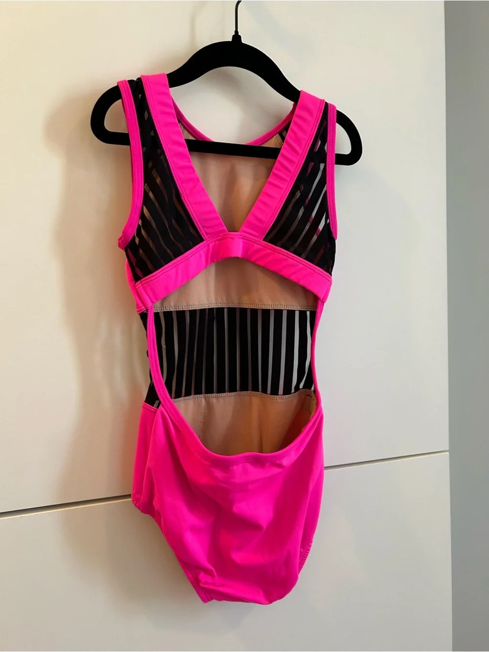 Girls' Hot Pink Dance Leotard with Black Mesh Panels - Child’s Large